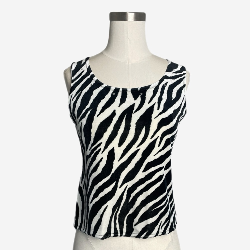 Vintage Y2K Russell Kemp velvet zebra stripe rhinestone cropped tank holiday XS